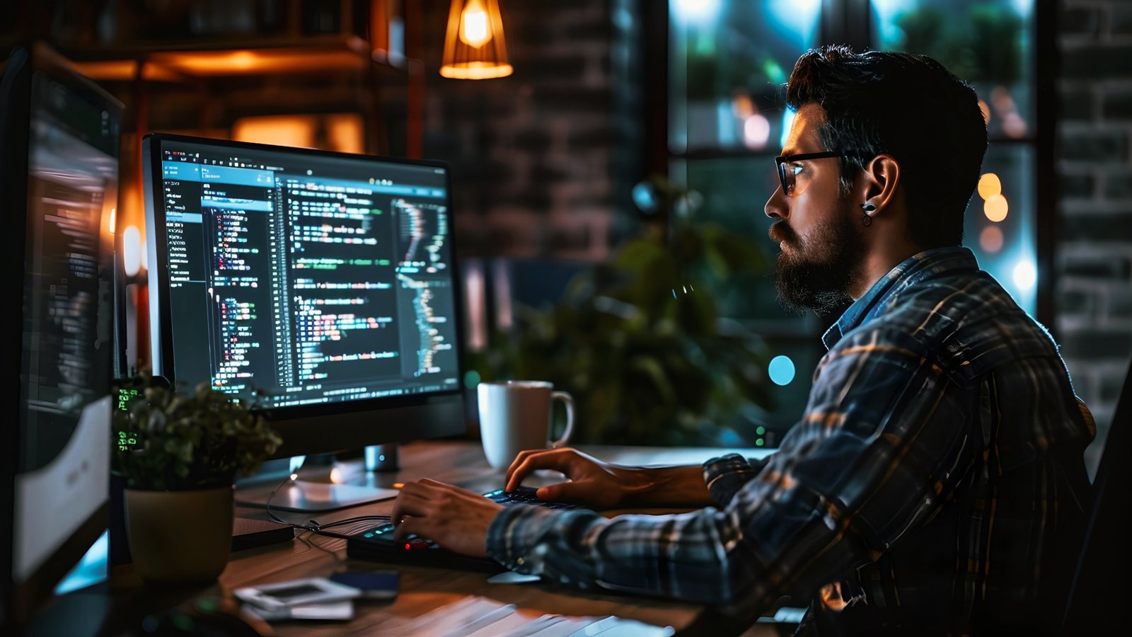 Engineer working at a dual-monitor desk
